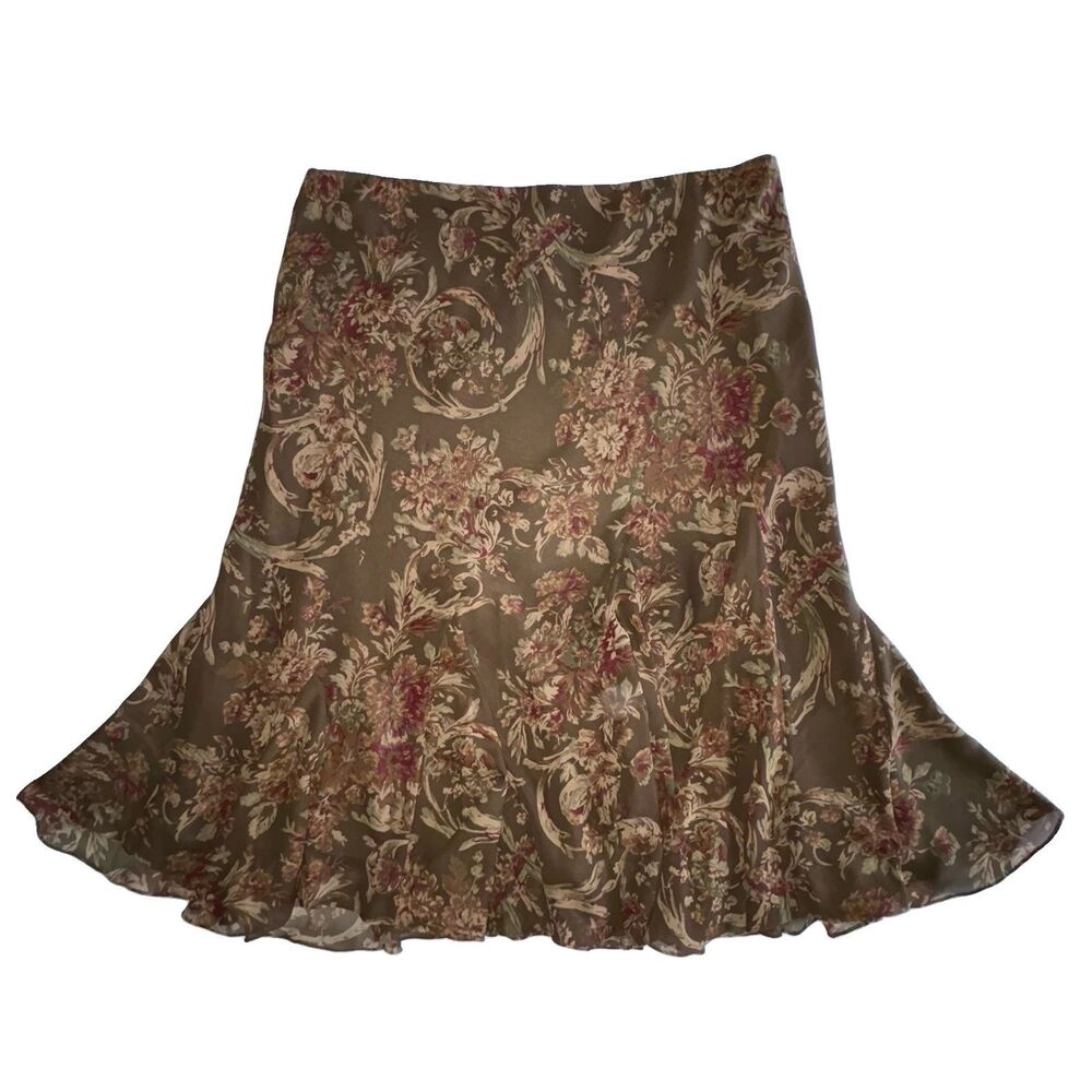 Lauren Ralph Lauren Brown Fairy Floral Chiffon Ruffle Midi Skirt Size XL Flared